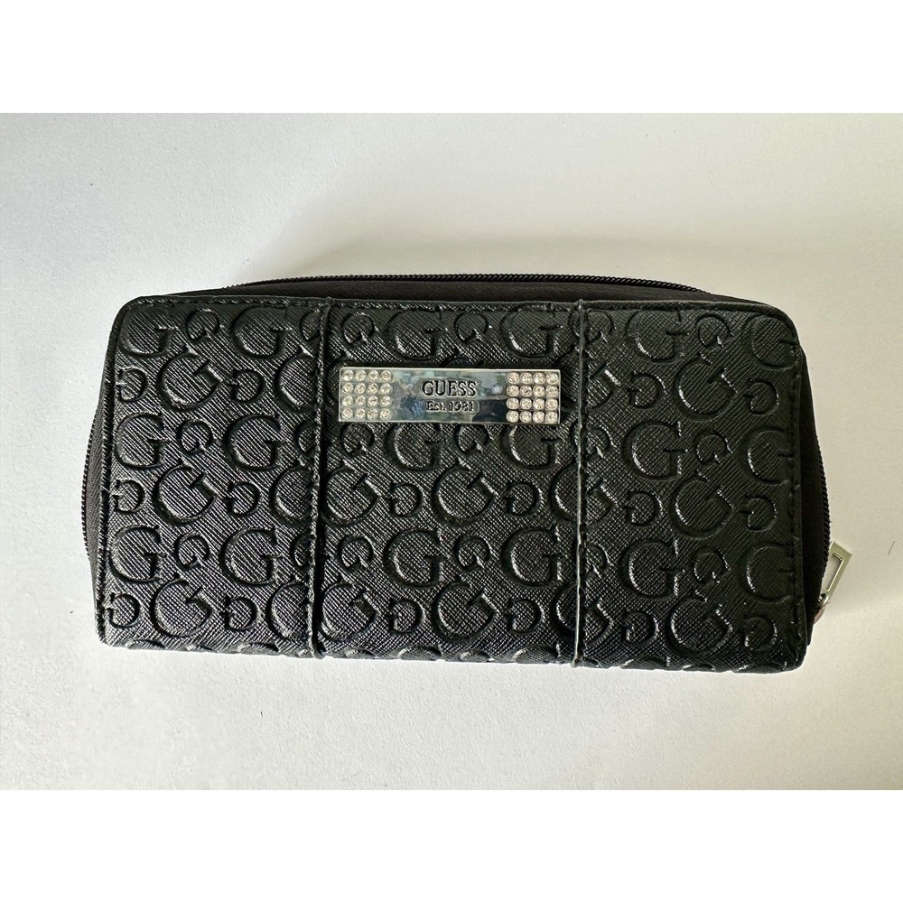 GUESS Wallet Clutch Black G Logo Blinged Metal Faceplate Full Zip Organizer